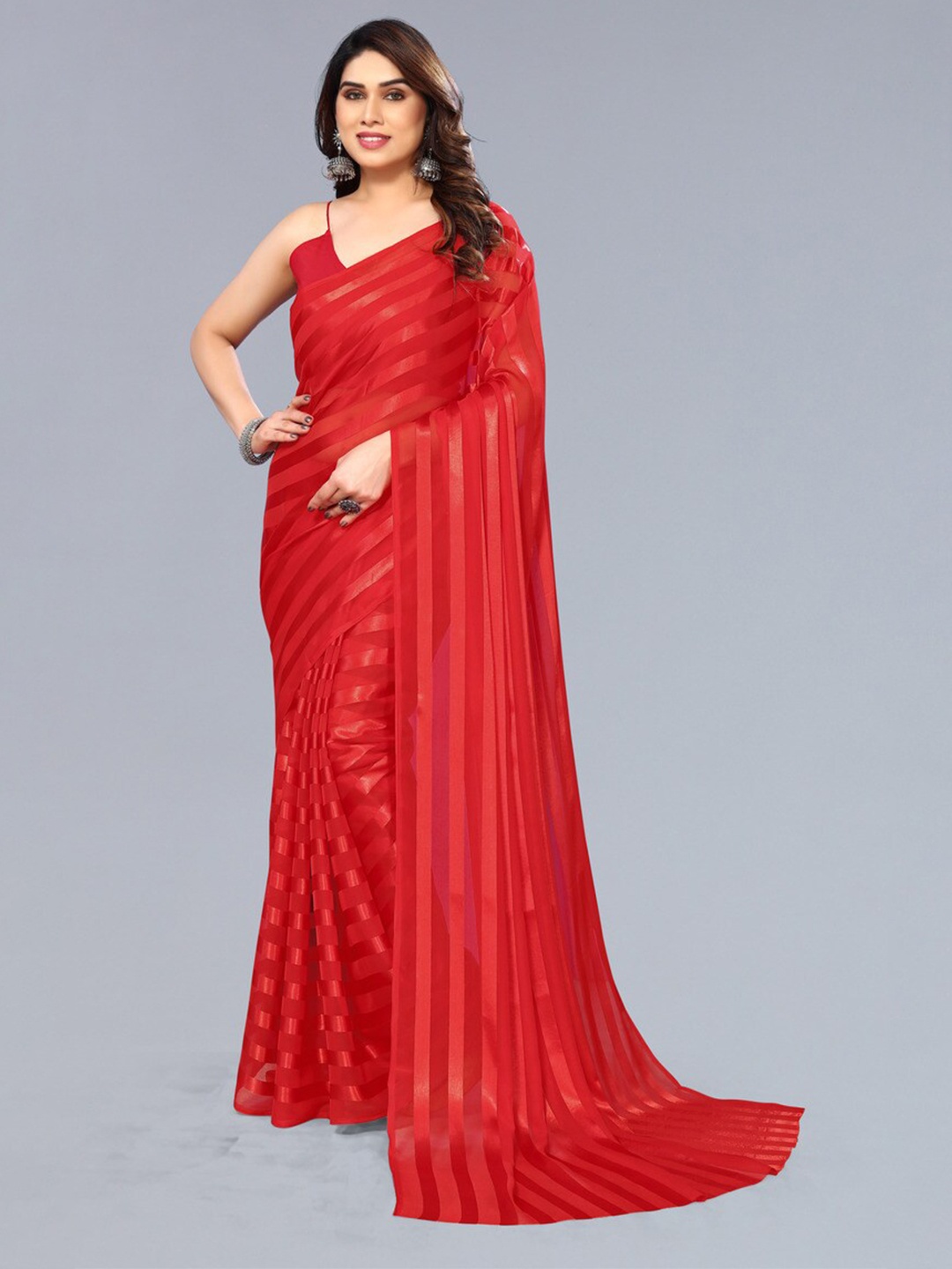 

Moda Rapido Striped Satin Saree, Red