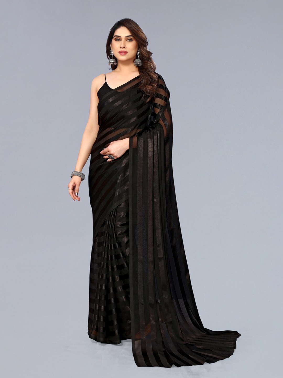 

Moda Rapido Striped Satin Saree, Black