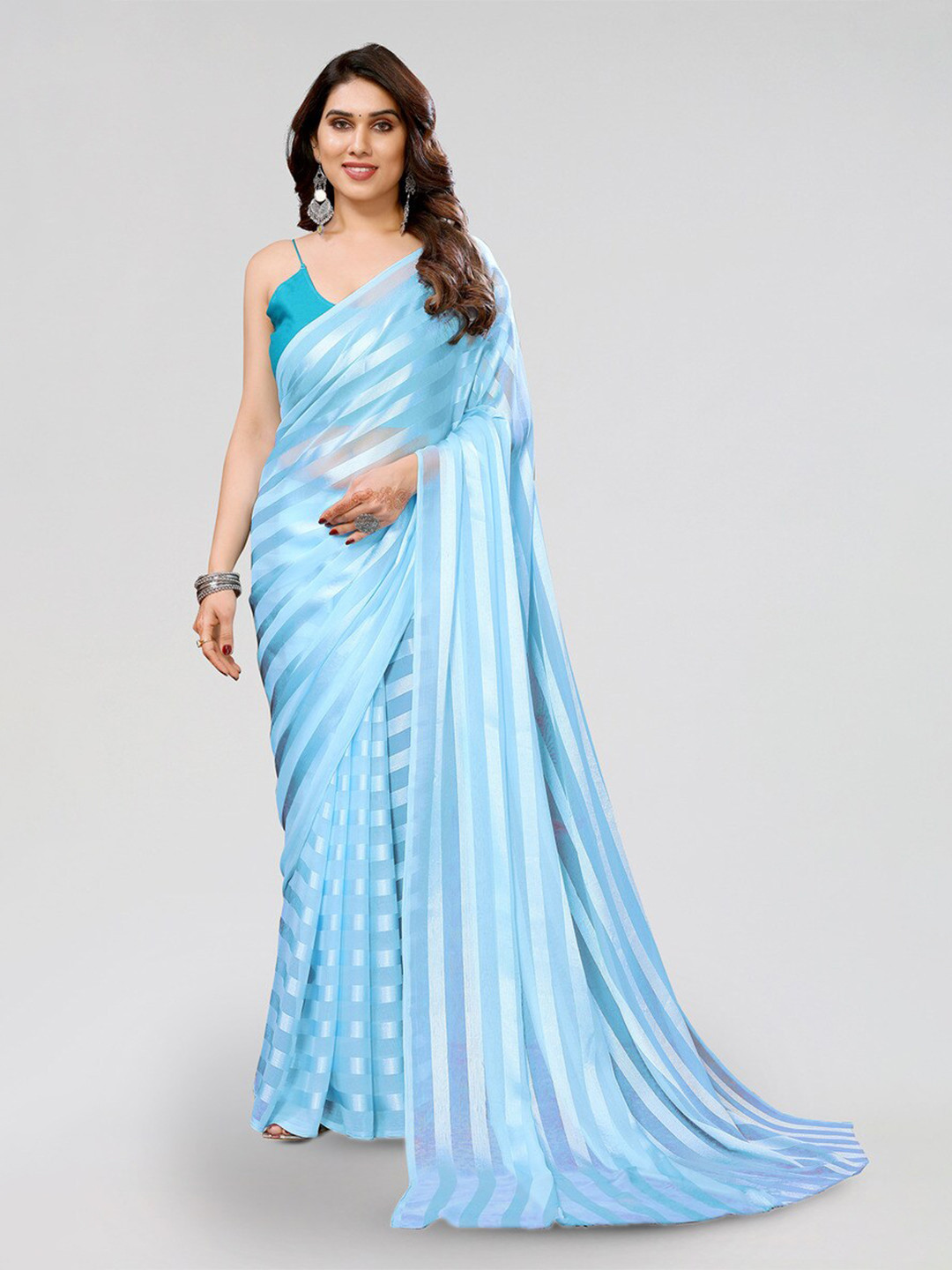 

ANAND SAREES Striped Satin Saree, Blue