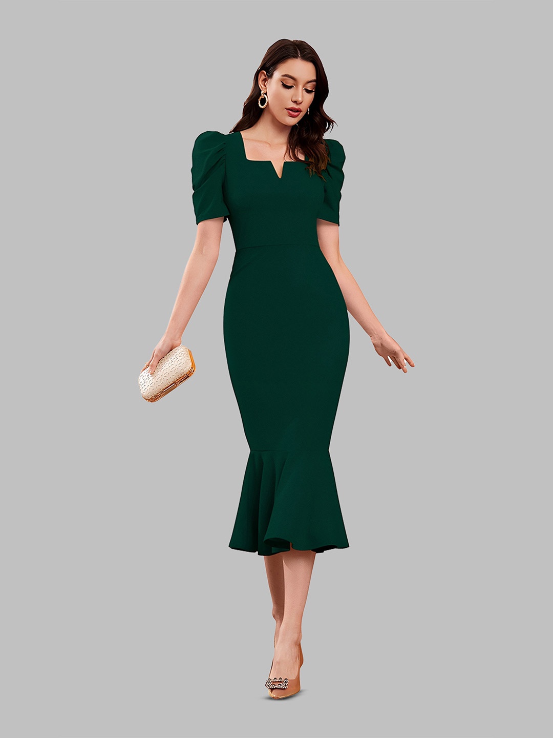 

N N ENTERPRISE Square Neck Puff Sleeve Sheath Midi Dress, Green