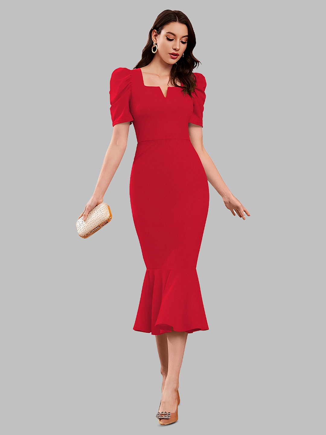 

N N ENTERPRISE Notch Neck Puff Sleeve Sheath Midi Dress, Red