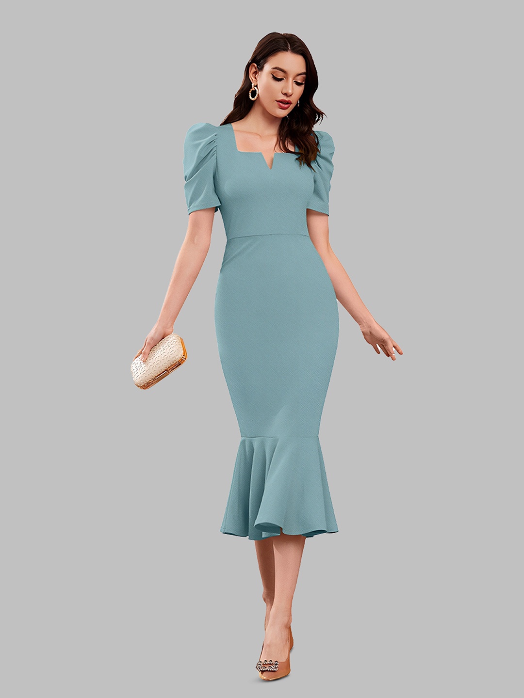 

N N ENTERPRISE Notch Neck Puff Sleeve Sheath Midi Dress, Turquoise blue
