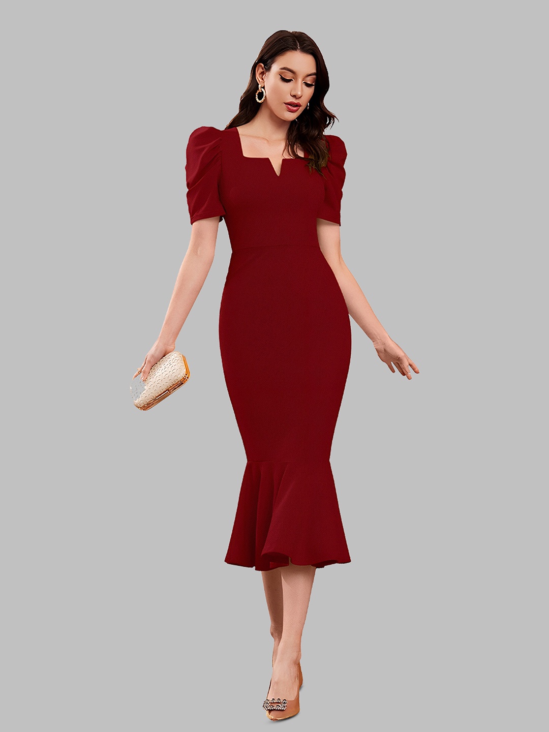 

N N ENTERPRISE Notch Neck Puff Sleeve Sheath Midi Dress, Maroon