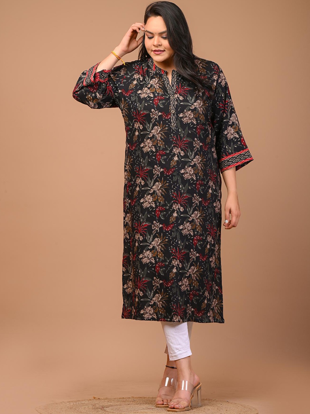 

KALINI Plus Size Mandarin Collar Floral Printed Floral Cotton Kurta, Black