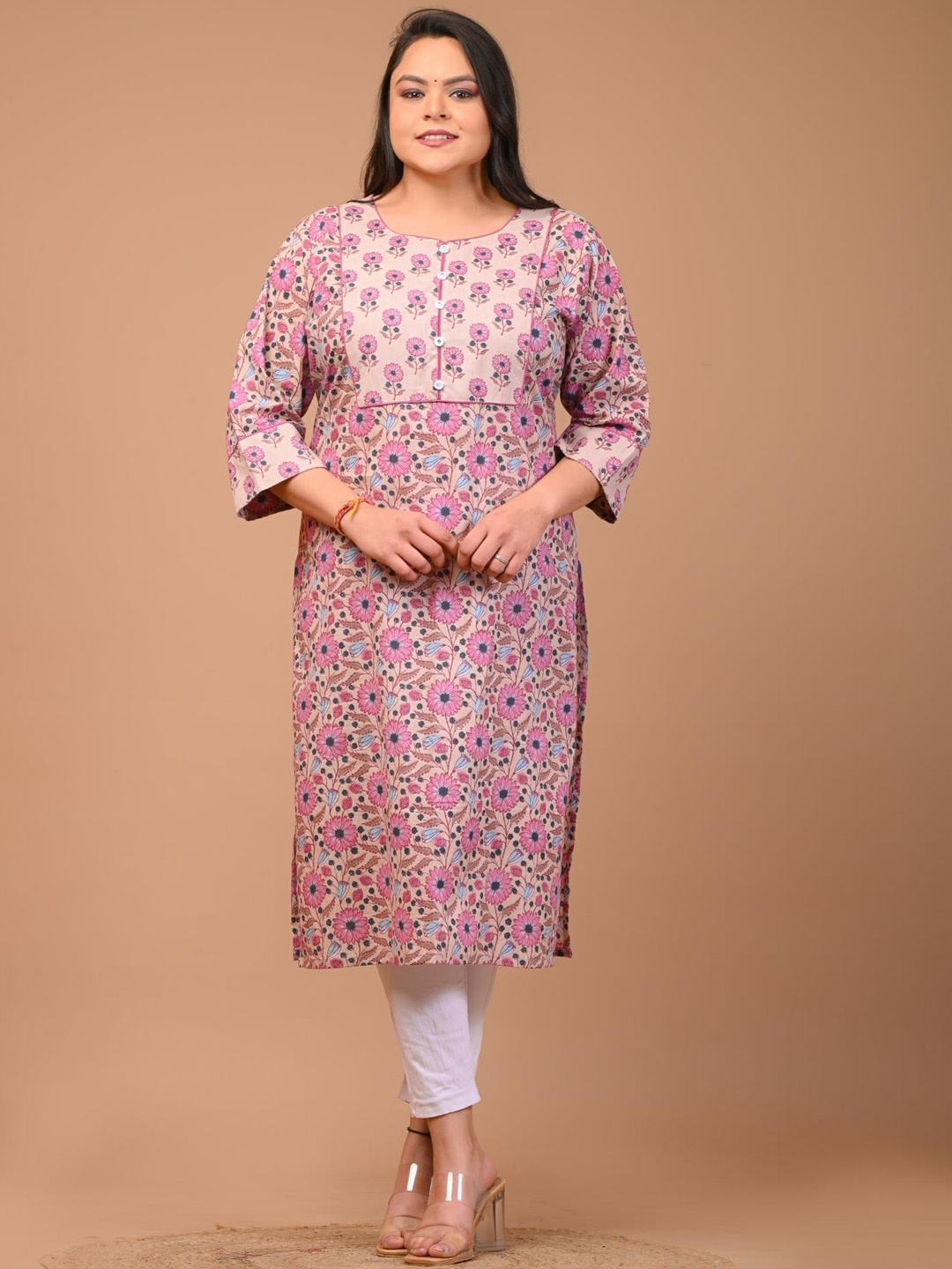 

KALINI Plus Size Round Neck Ethnic Motifs Printed Floral Cotton Kurta, Beige