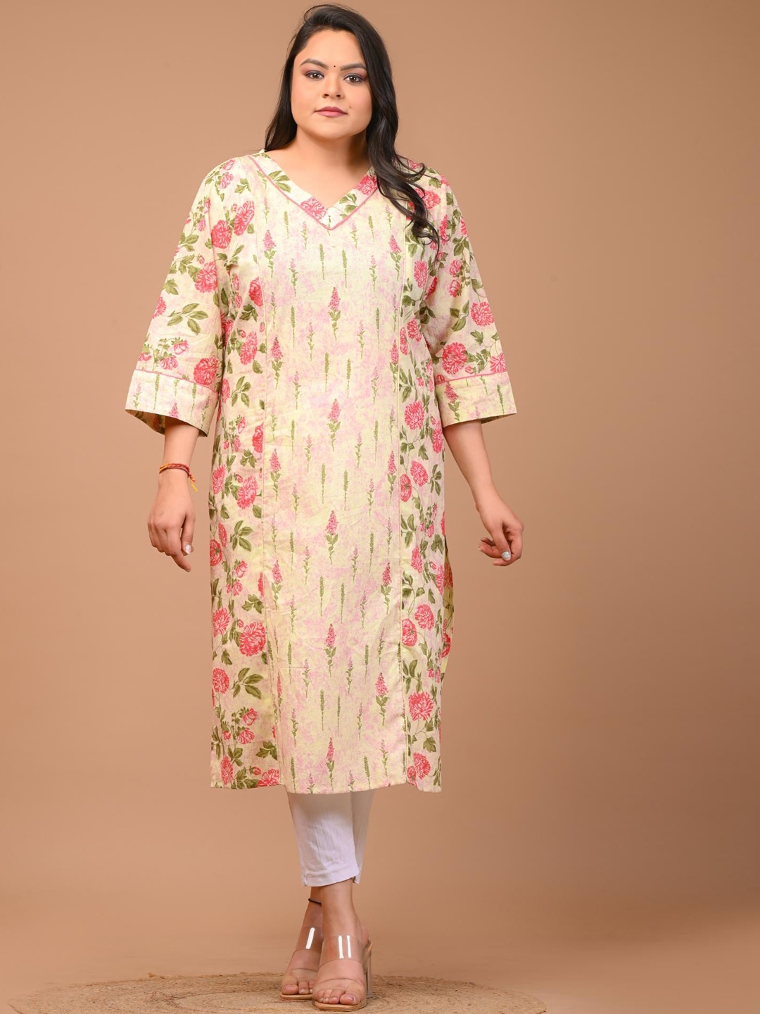 

KALINI Plus Size V Neck Three Quarter Sleeves Floral Cotton Straight Kurta, Yellow
