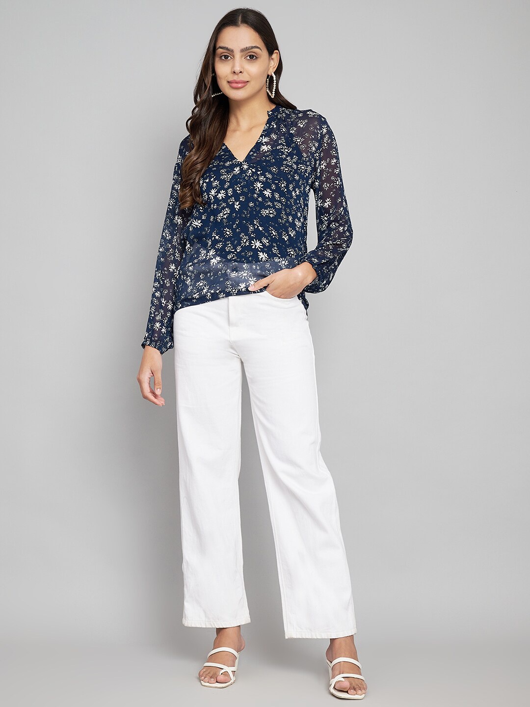 

Amagyaa Floral Printed Mandarin Collar Puff Sleeves Top, Navy blue