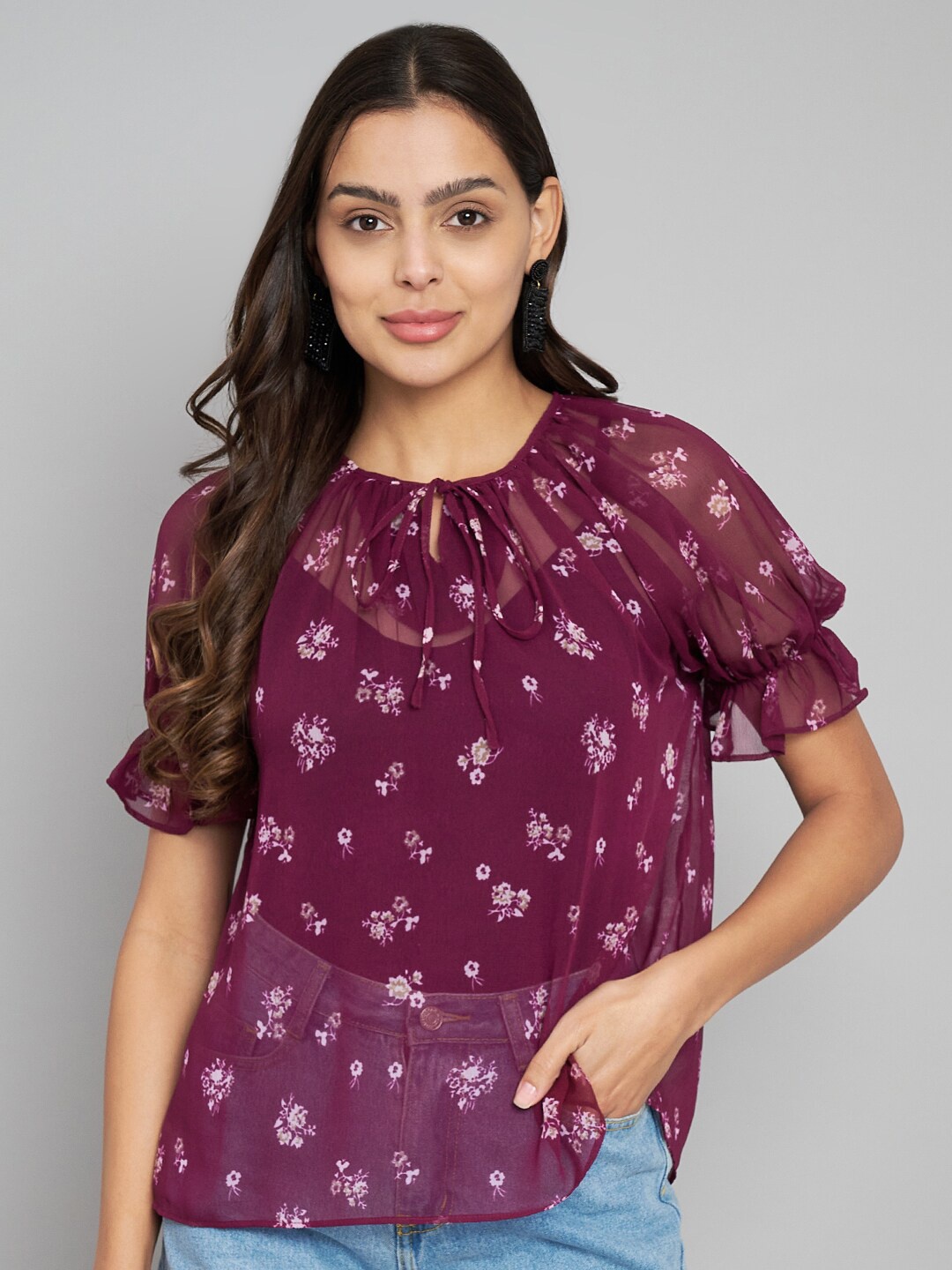 

Amagyaa Floral Printed Tie Up Neck Puff Sleeve Top, Maroon