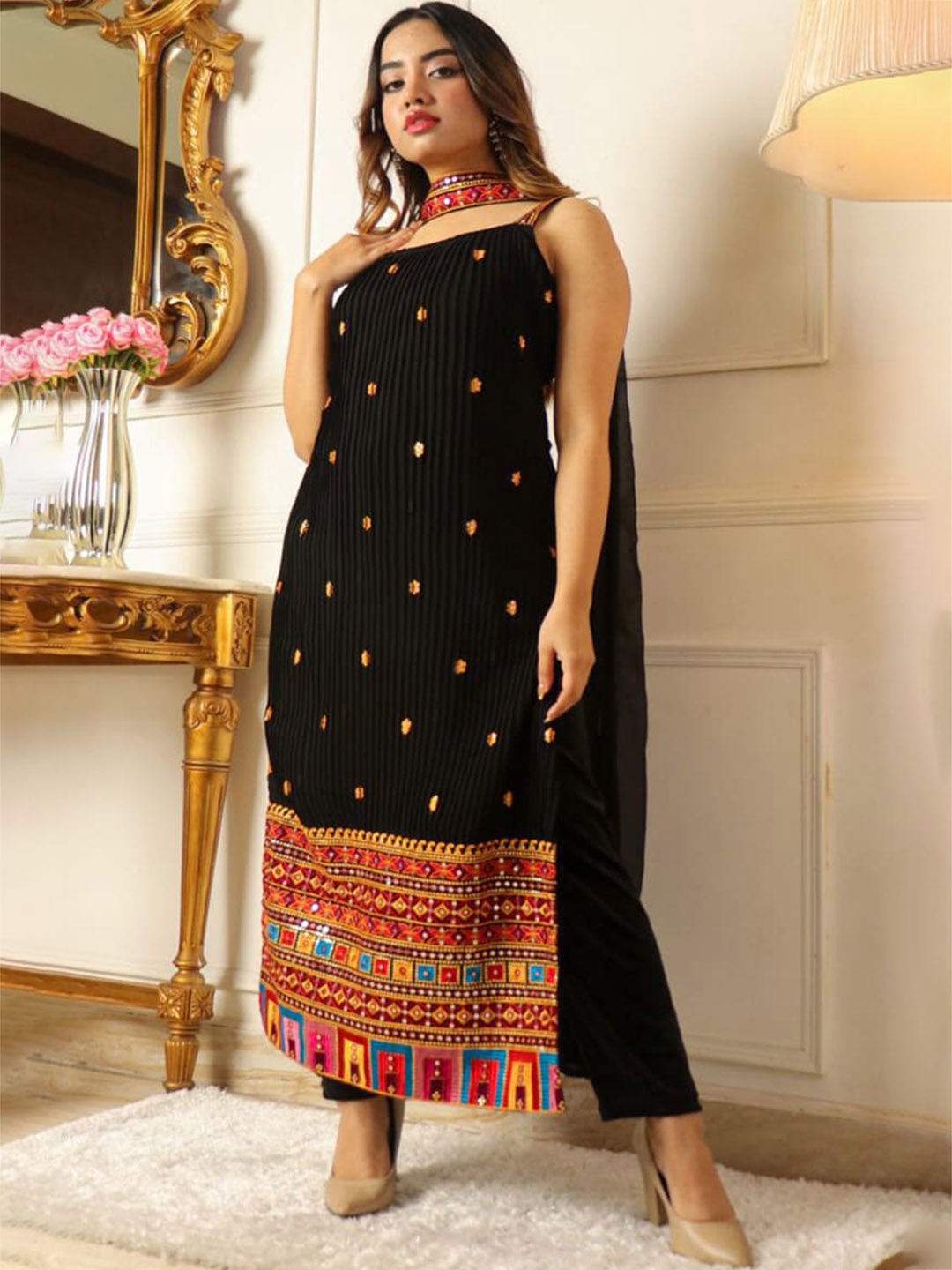 

KALINI Ethnic Motifs Embroidered Shoulder Straps Georgette Kurta with Trousers & Dupatta, Black