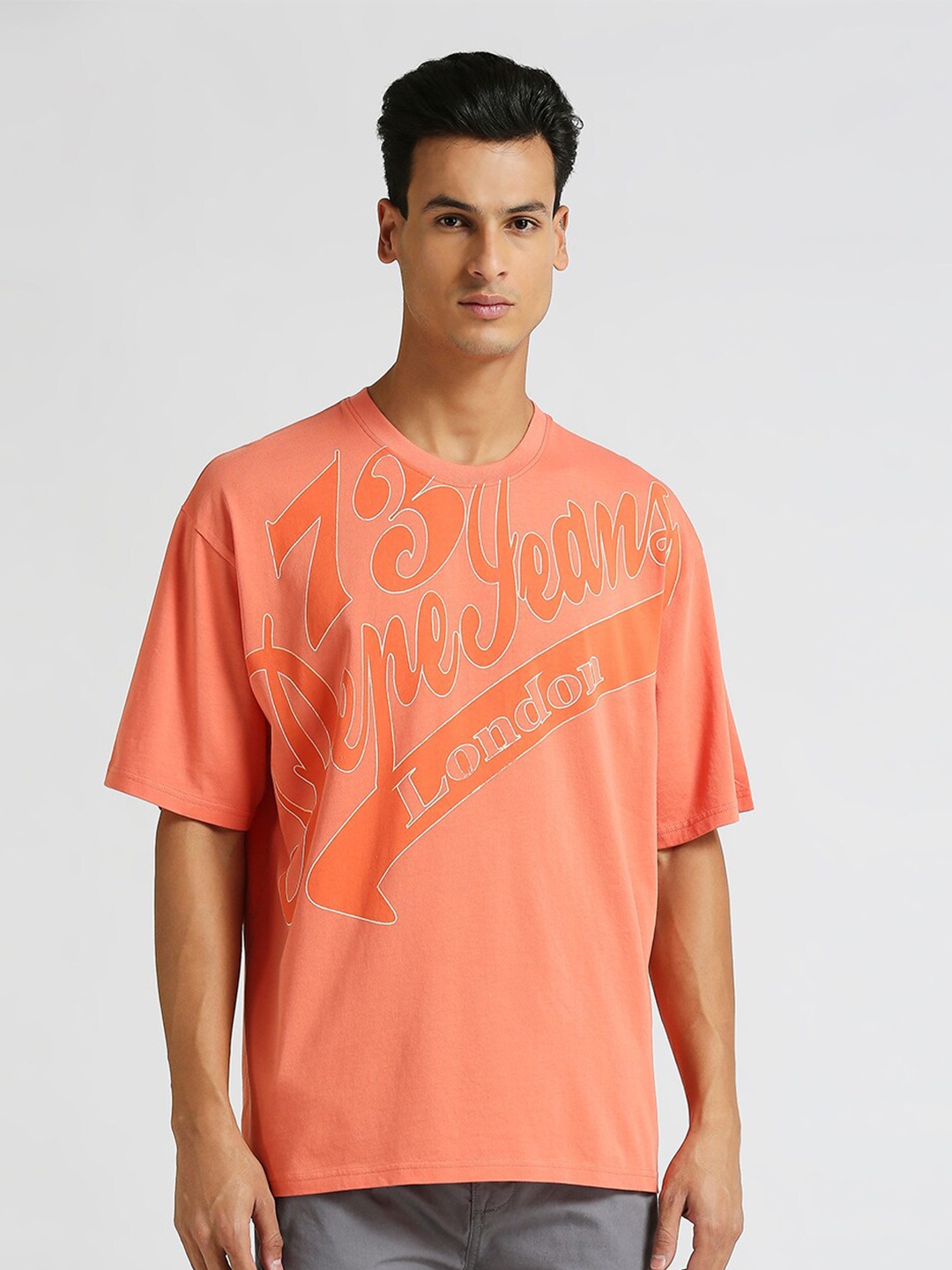 

Pepe Jeans Typography Printed Drop Shoulder Sleeves Pure Cotton Oversized T-shirt, Orange