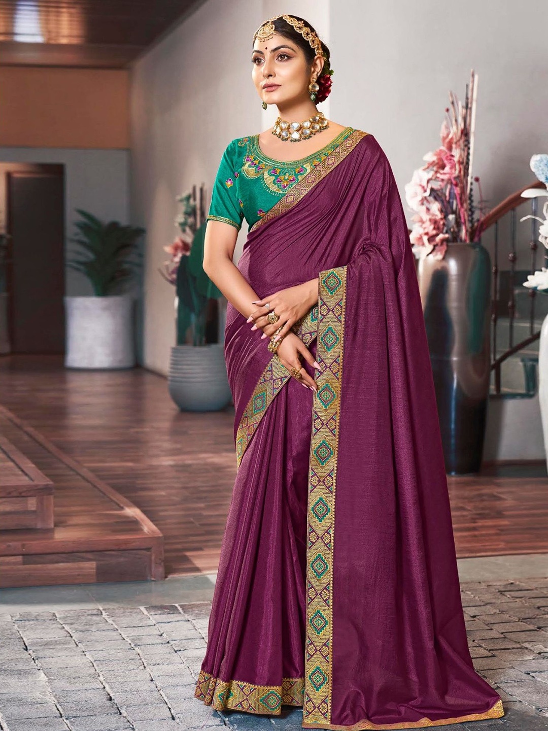 

VIRICA Zari Vichitra Silk Saree, Lavender