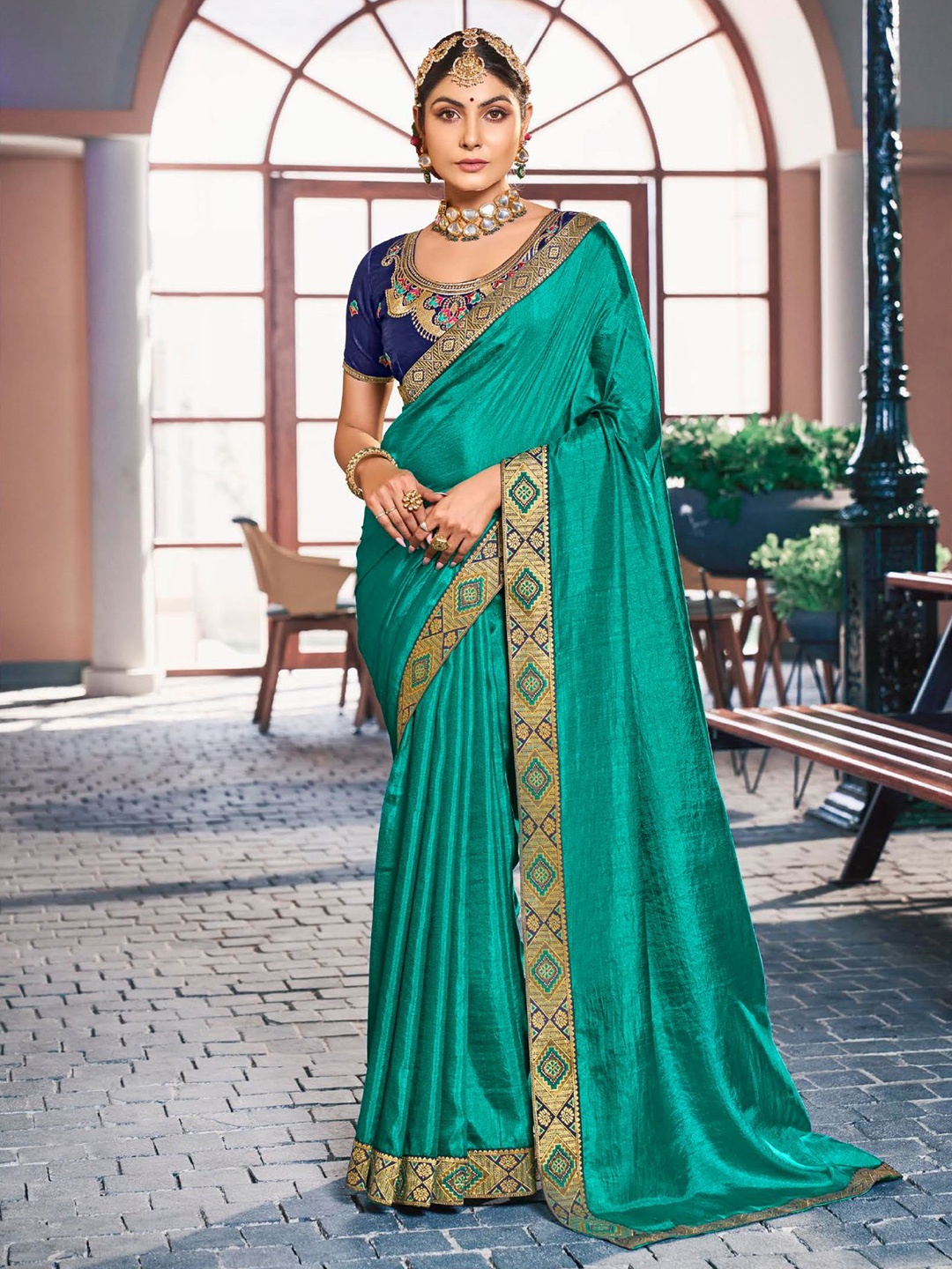 

VIRICA Woven Design Zari Saree, Turquoise blue