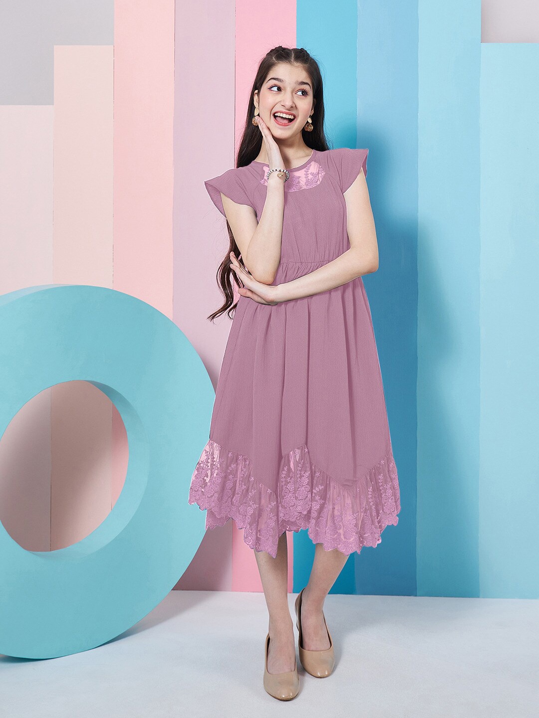 

pspeaches Short Sleeves Round Neck Crepe A-Line Midi Dress, Purple