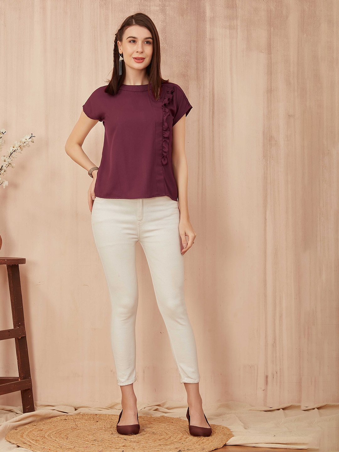 

PSBT Quality on way Extended Sleeves Cut Out & Ruffles Detail Top, Magenta