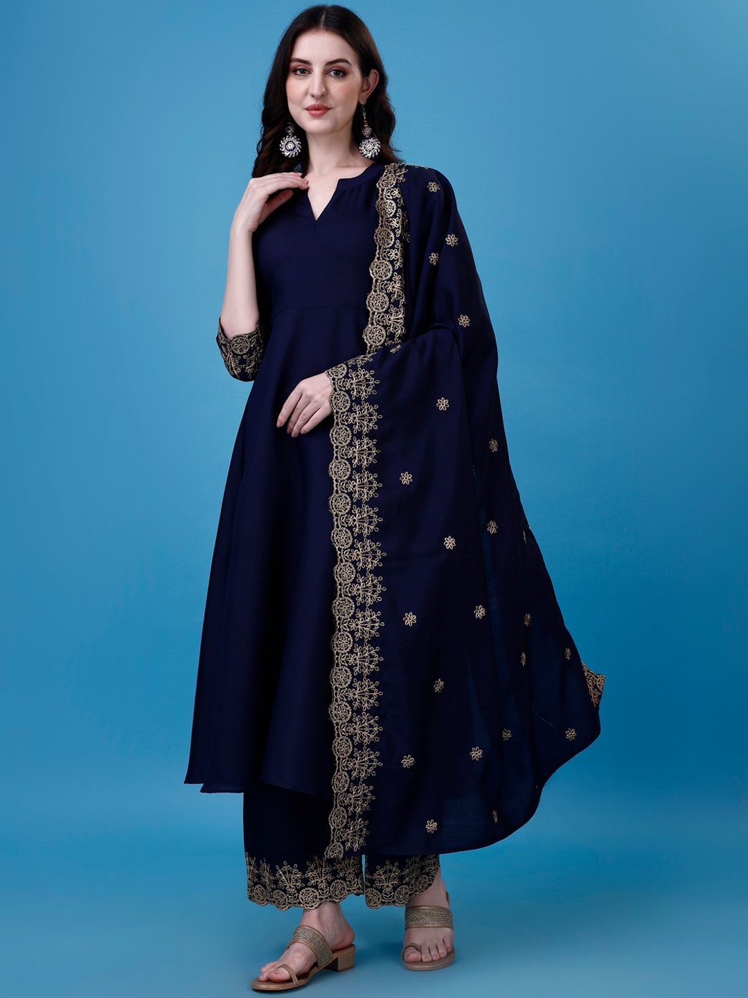 

KALINI Women Ethnic Motifs Embroidered Thread Work Anarkali Kurta With Palazzos & Dupatta, Blue