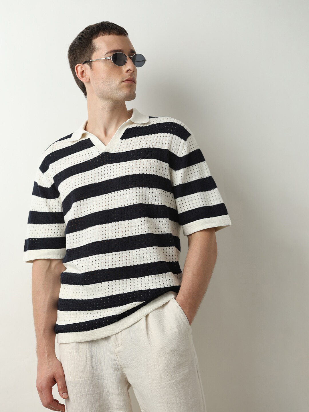 

SELECTED Striped Polo Collar Drop-Shoulder Sleeves Cotton T-shirt, Black