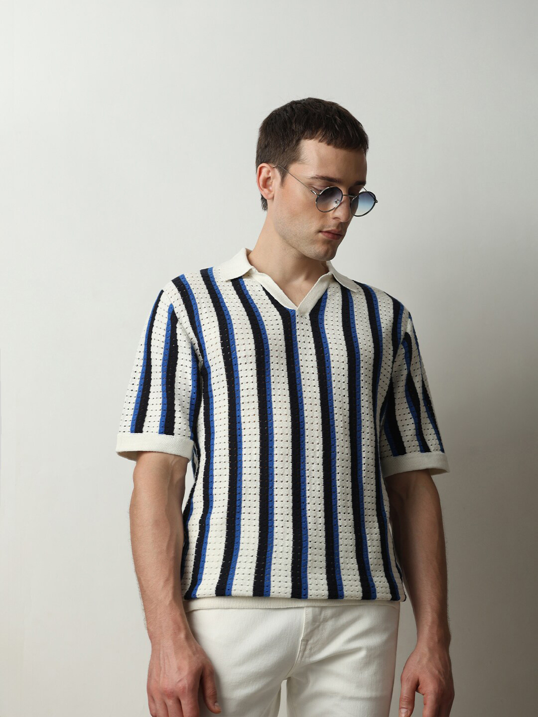 

SELECTED Striped Polo Collar Cotton T-shirt, Beige