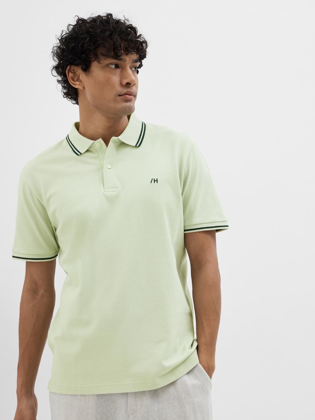 

SELECTED Polo Collar Cotton Slim Fit T-shirt, Green