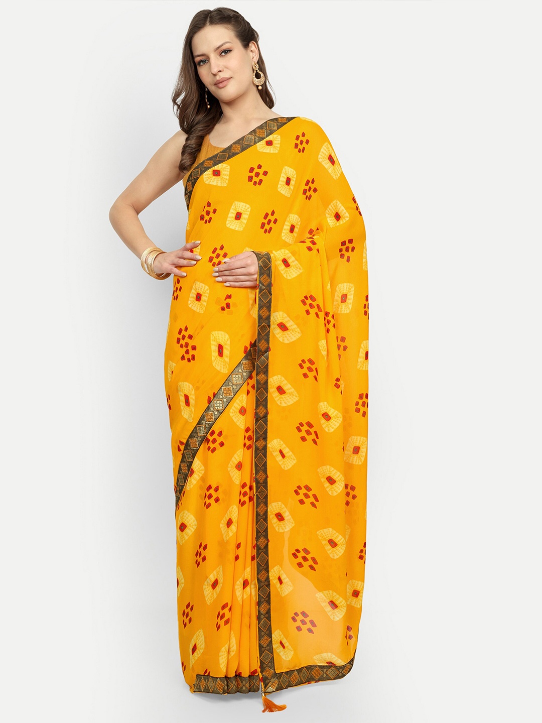 

Aardiva Bandhani Pure Chiffon Saree, Yellow