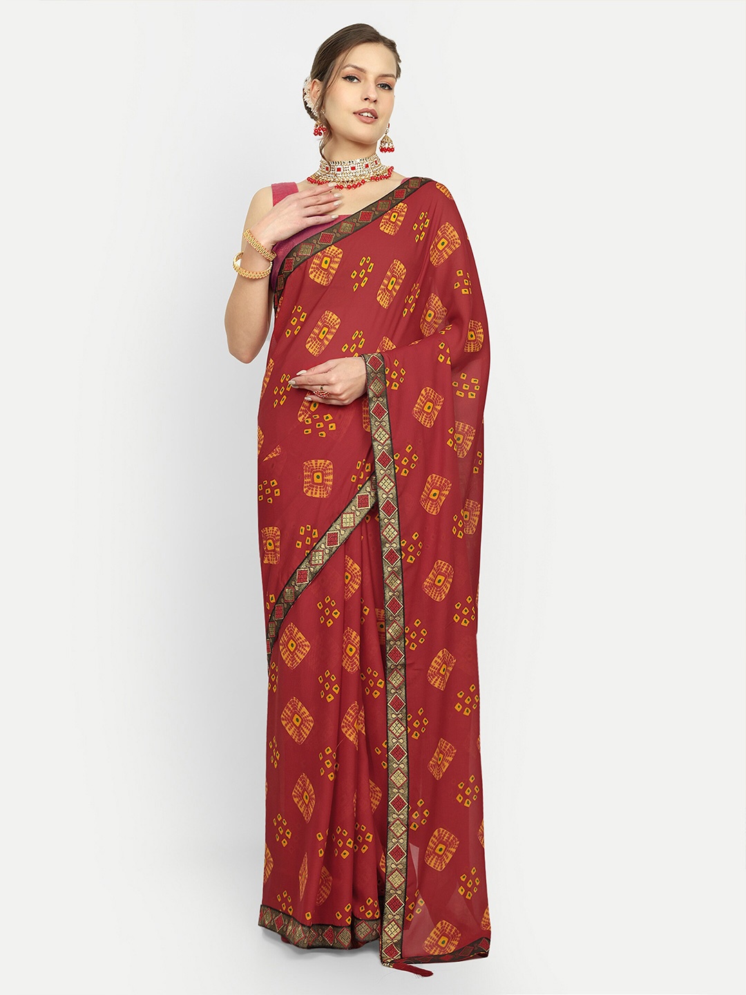 

Aardiva Bandhani Pure Chiffon Saree, Red