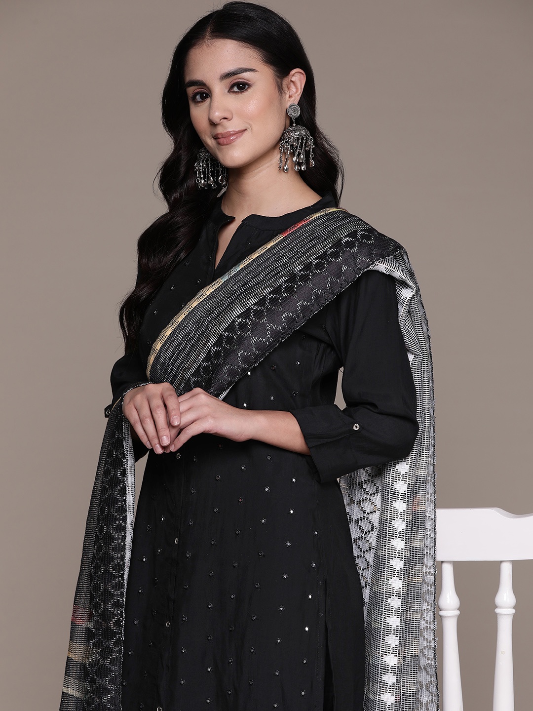 

Readiprint Women Embroidered Regular Mirror Work Pure Silk Kurta with Palazzos & With Dupatta, Black