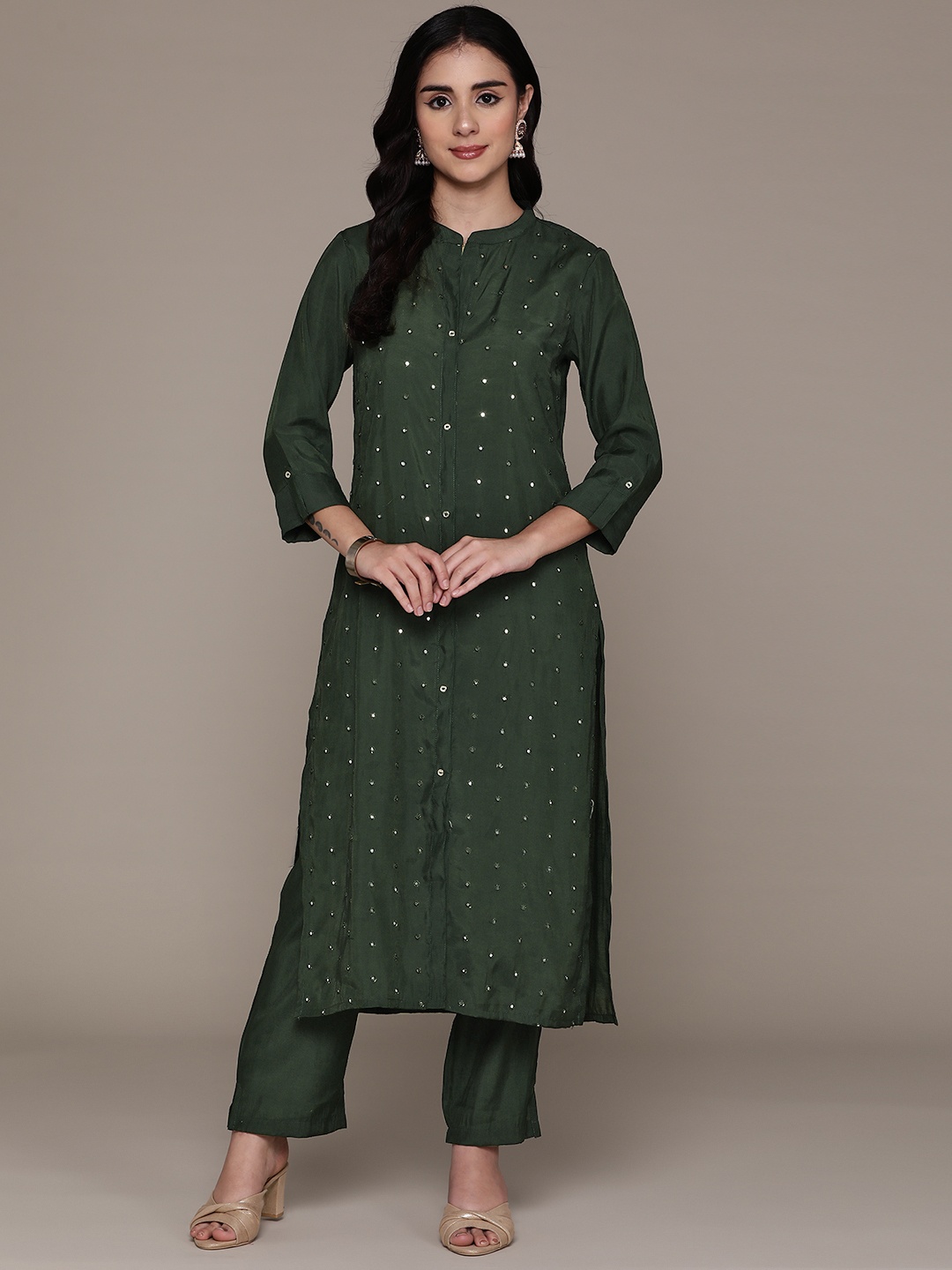 

Readiprint Embroidered Regular Mirror Work Pure Silk Kurta with Trousers, Green