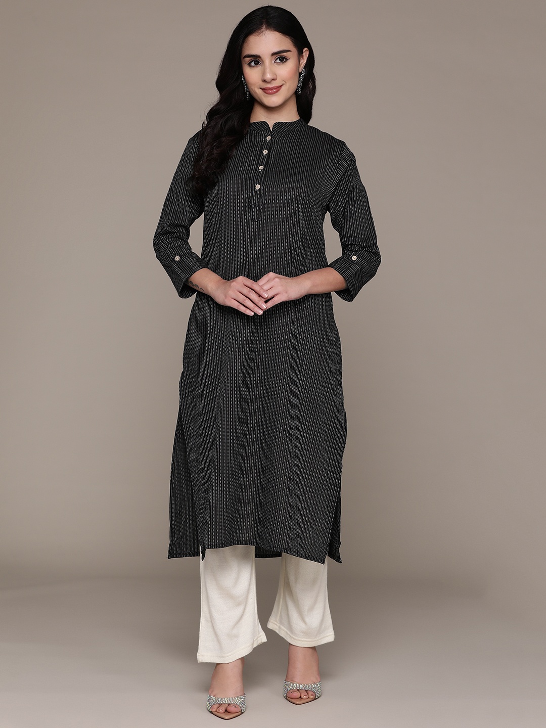 

Readiprint Embroidered Mandarin Collar Pure Cotton Kurta, Black