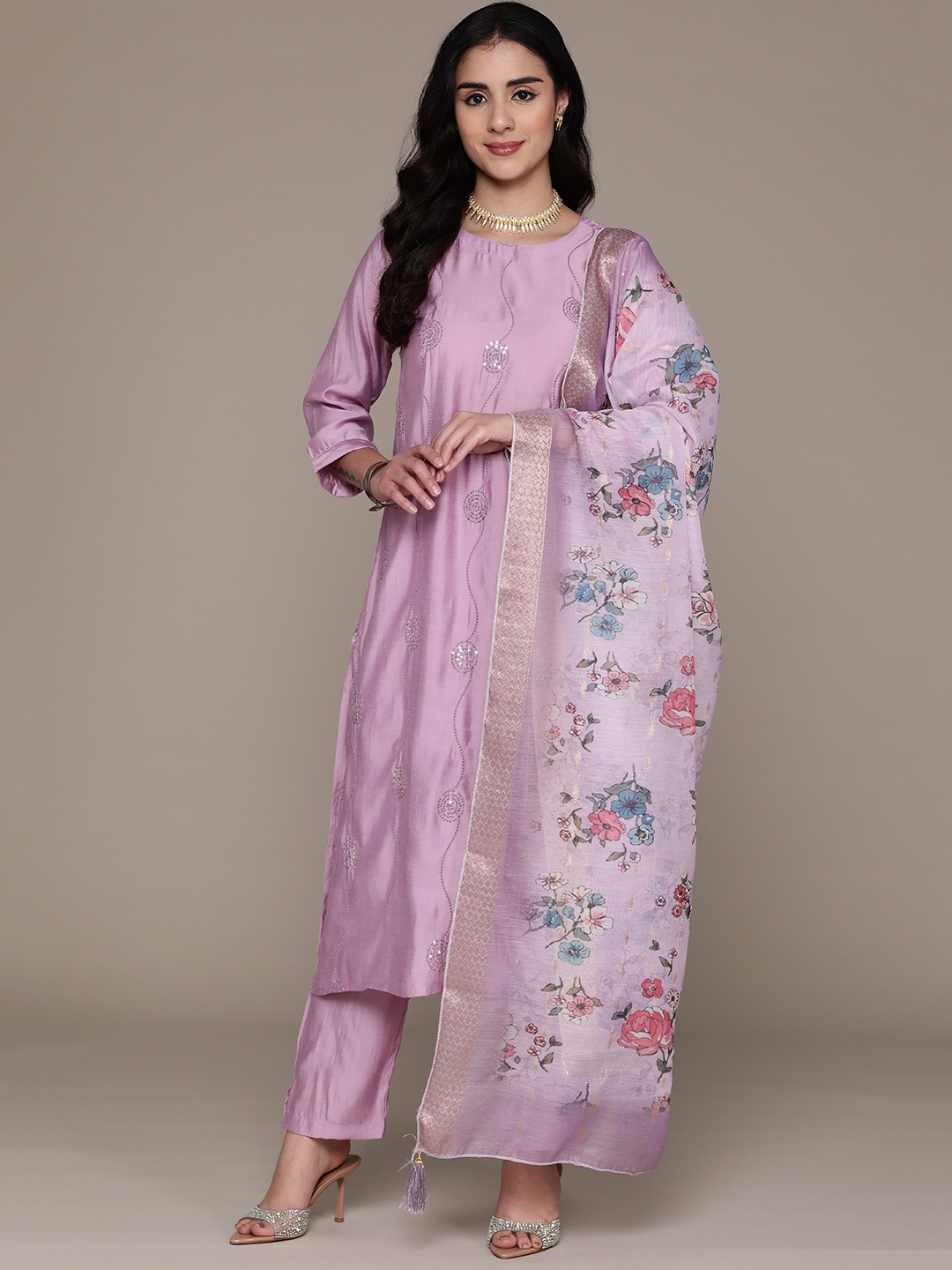 

Readiprint Embroidered Sequinned Pure Silk Kurta with Trousers & Dupatta, Mauve