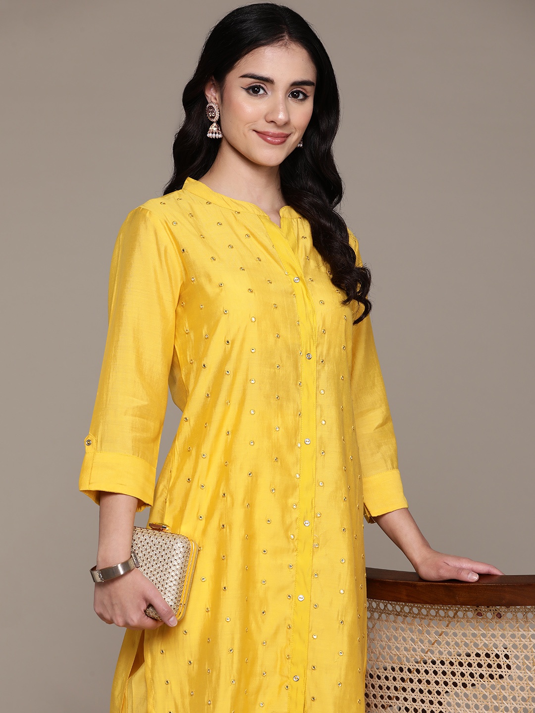 

Readiprint Embroidered Mirror Work Pure Silk Kurta with Trousers, Yellow