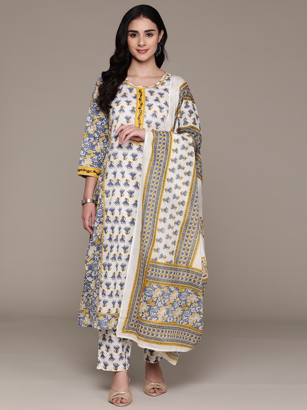 

Readiprint Fashions Floral Printed Beads & Stones Pure Cotton Kurta Set, White