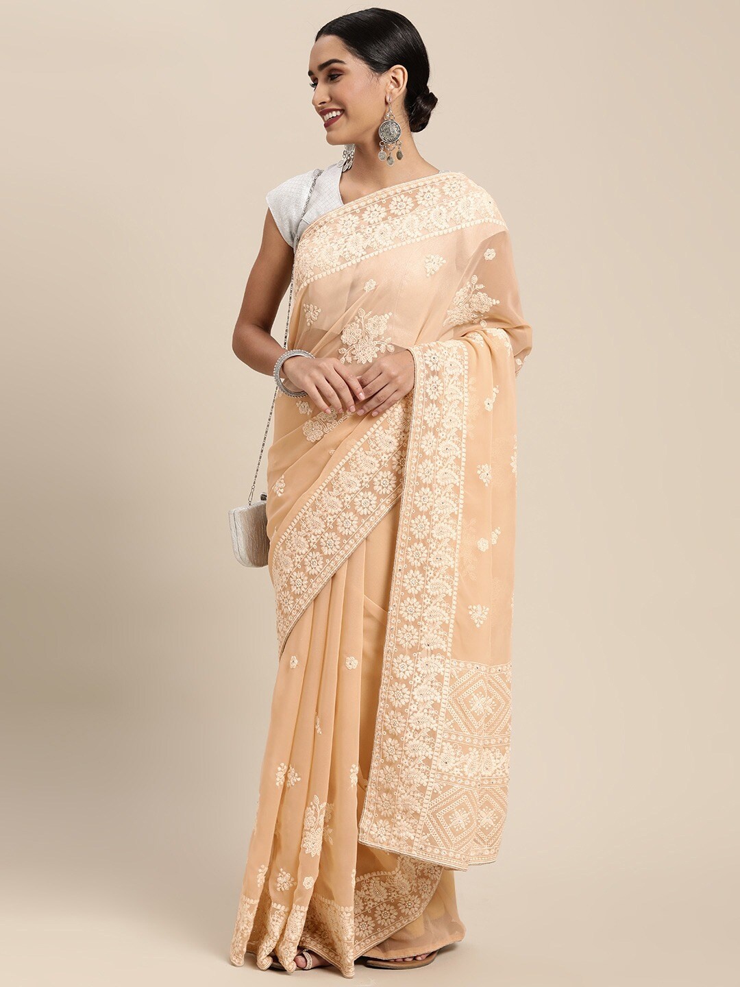 

Sunasi Ethnic Motifs Embroidered Chikankari Pure Georgette Saree, Cream