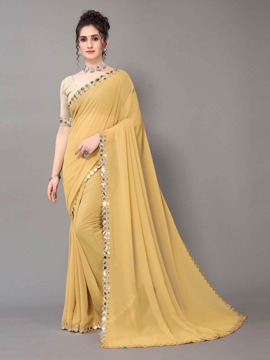 

Sunasi Mirror Work Pure Georgette Saree, Beige