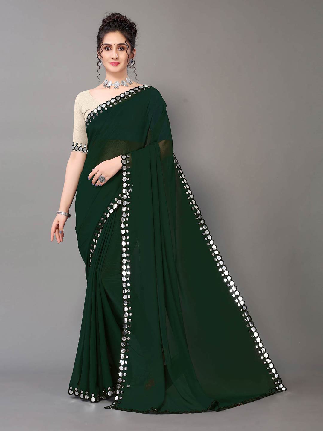 

Sunasi Mirror Work Embroidered Pure Georgette Saree, Green