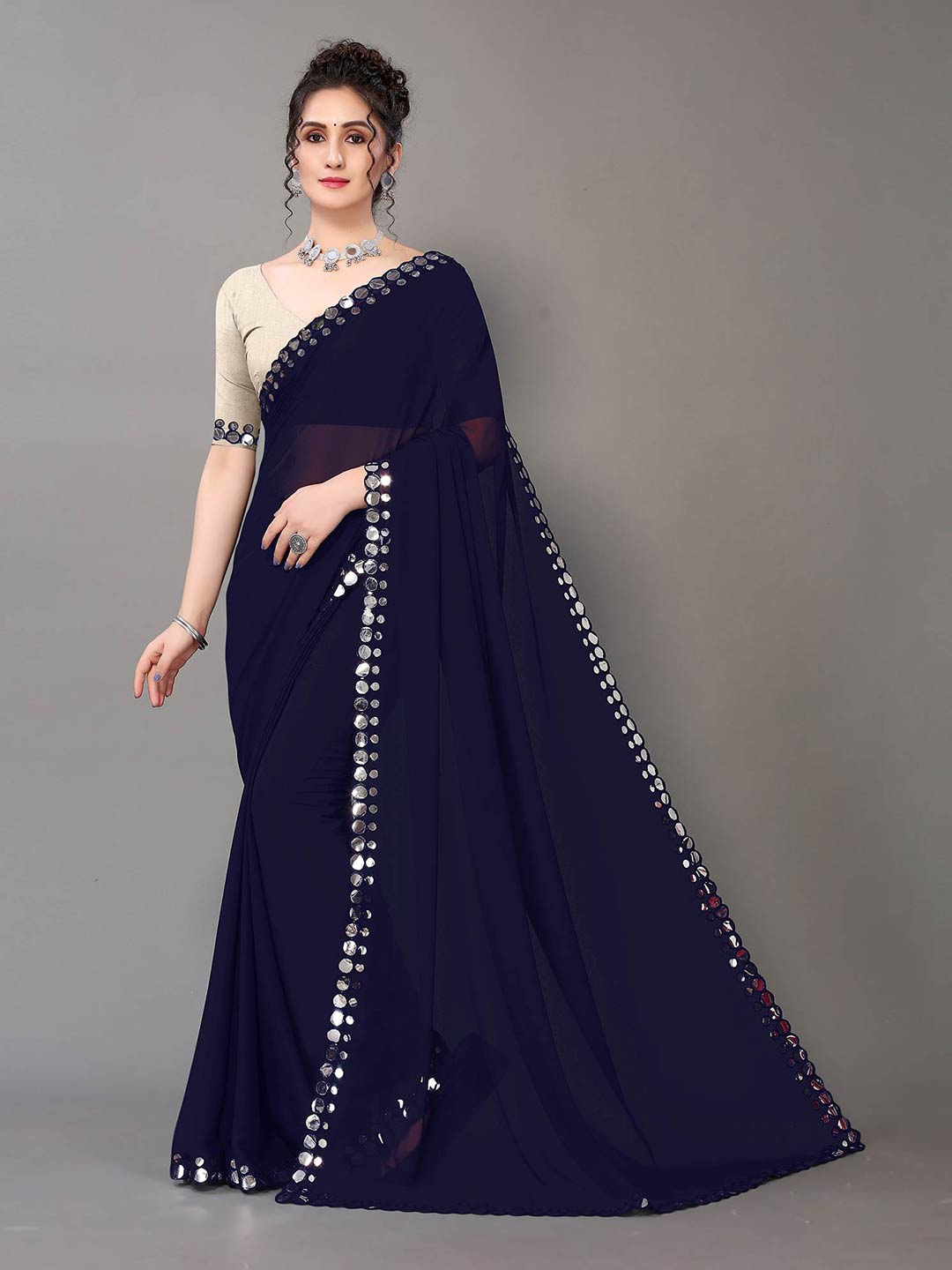 

Sunasi Mirror Work Embroidered Pure Georgette Saree, Navy blue