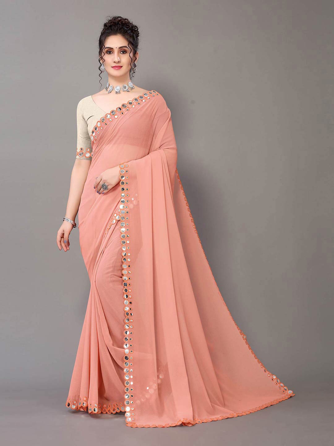 

Sunasi Mirror Work Embroidered Pure Georgette Saree, Peach