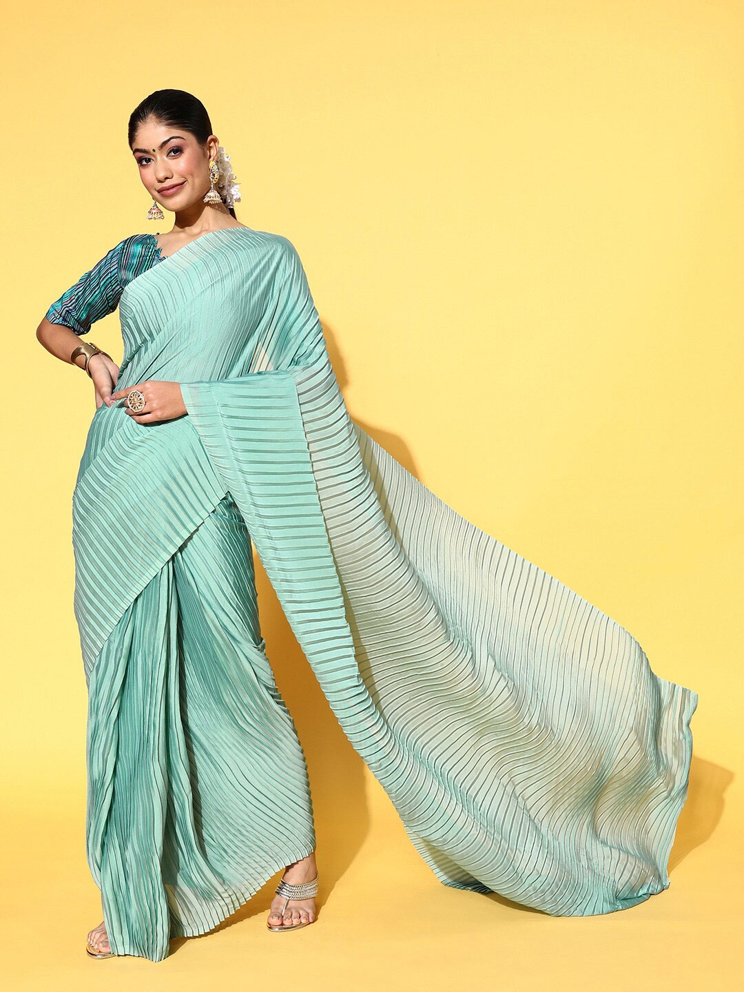 

Sunasi Striped Art Silk Saree, Turquoise blue