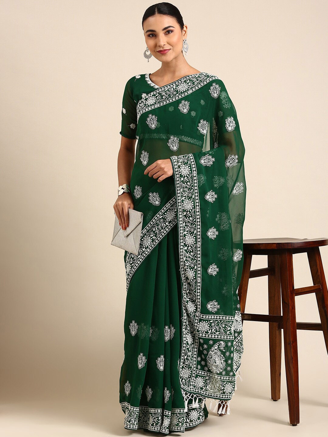 

Sunasi Ethnic Motifs Chikankari Pure Georgette Saree, Green