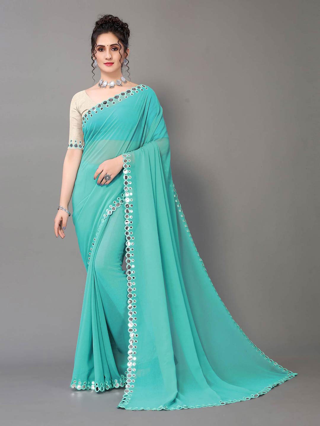 

Sunasi Mirror Work Pure Georgette Saree, Turquoise blue