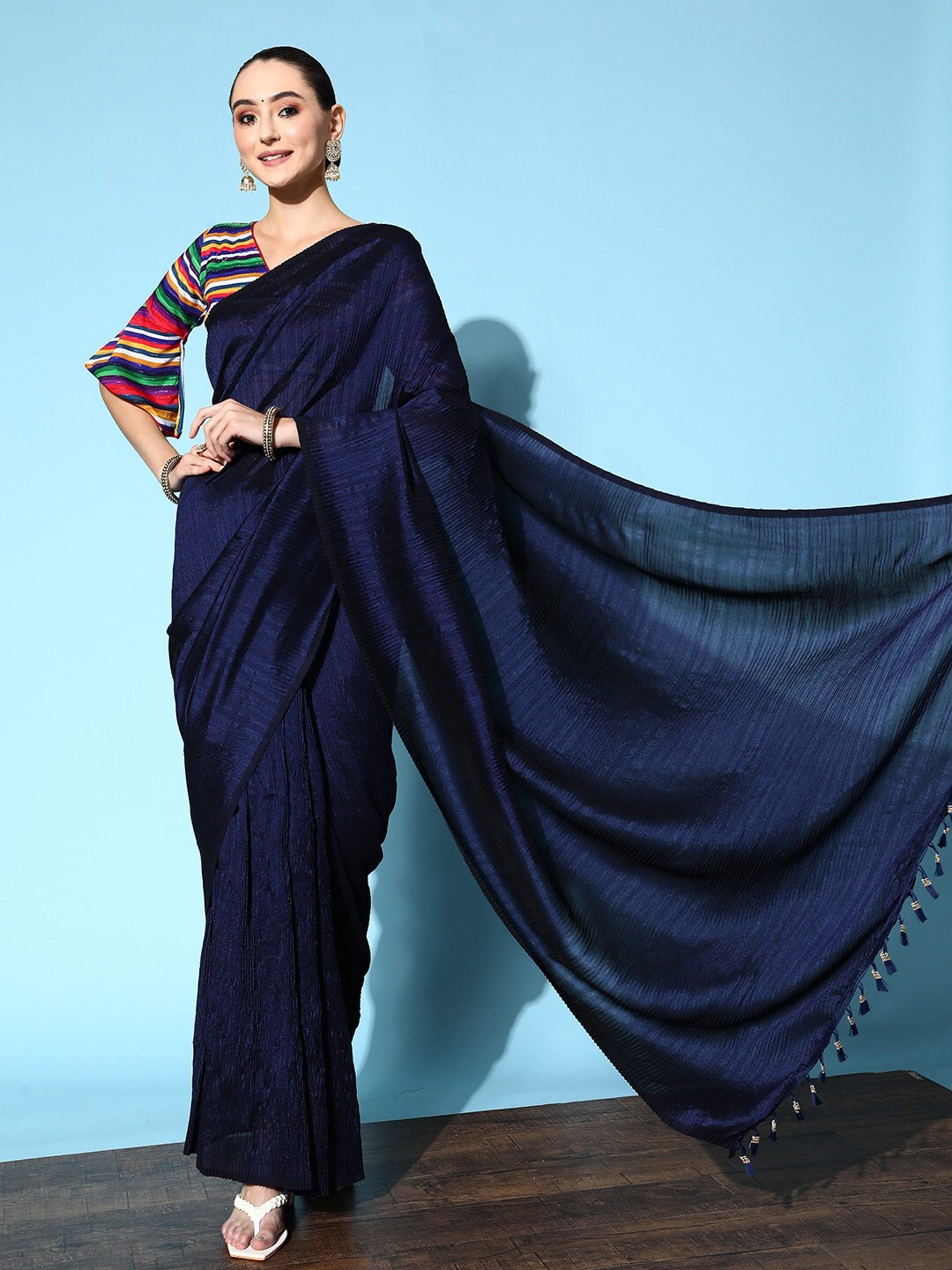 

Sunasi Striped Party Saree, Navy blue