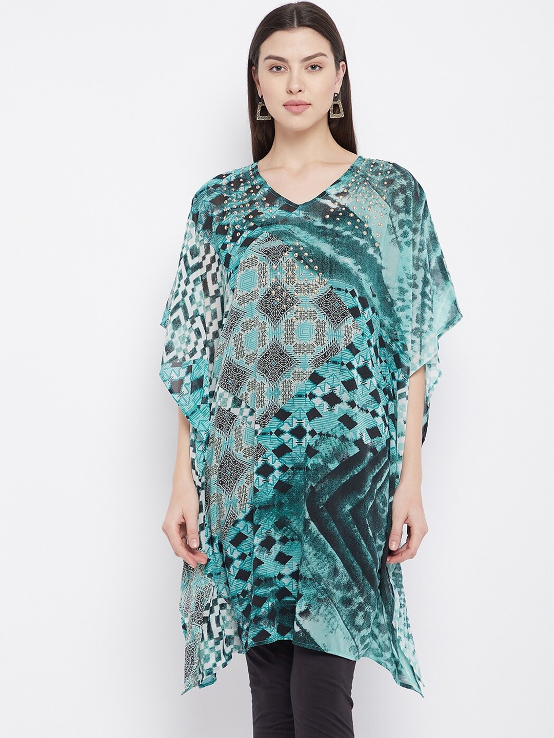 

Ruhaans Geometric Printed Studded Kaftan Longline Top, Turquoise blue