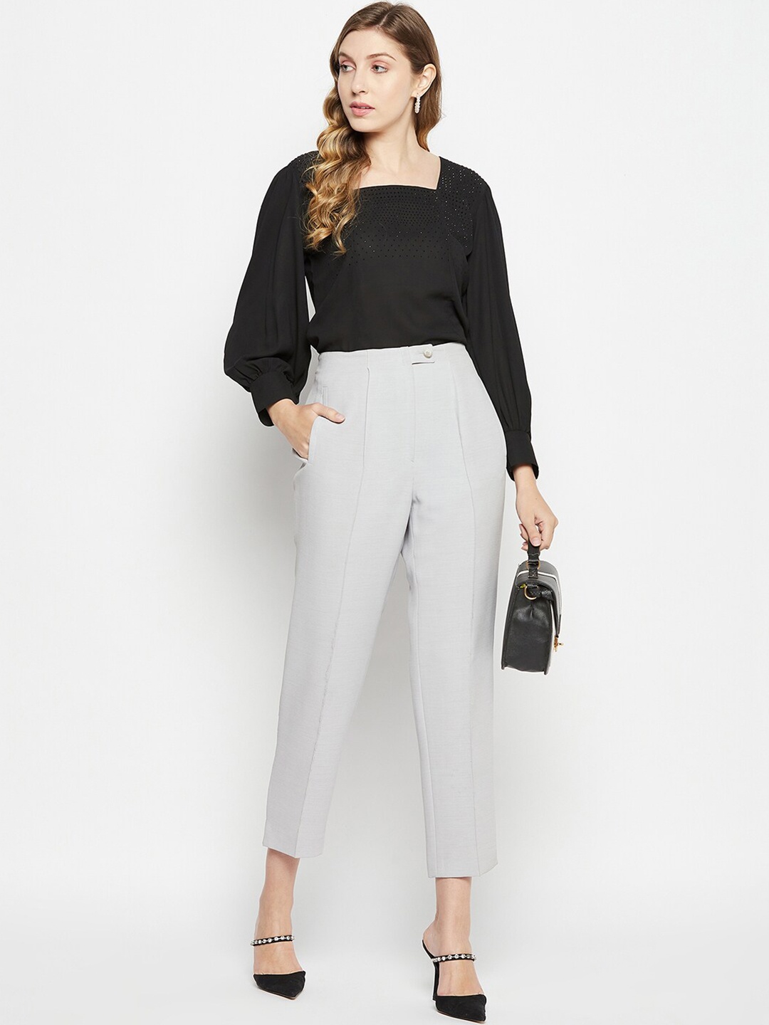 

Ruhaans Embellished Square Neck Cuffed Sleeves Stone Studded Detail Georgette Top, Black