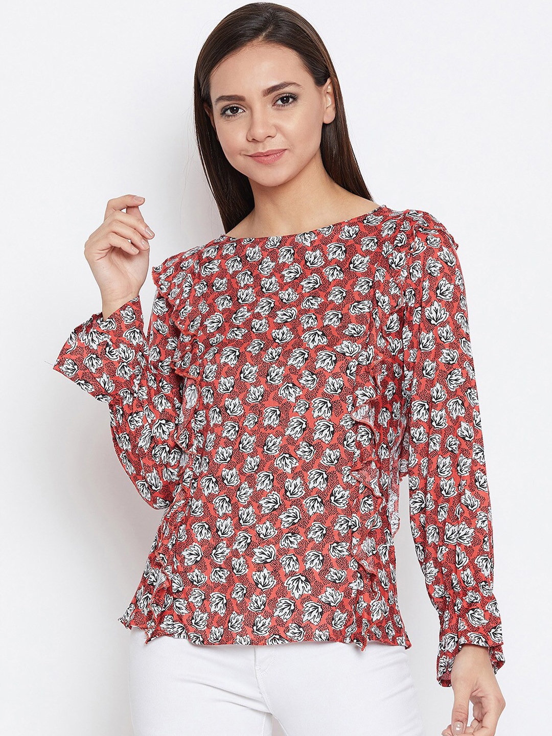 

Ruhaans Floral Print Bell Sleeve Top, Peach