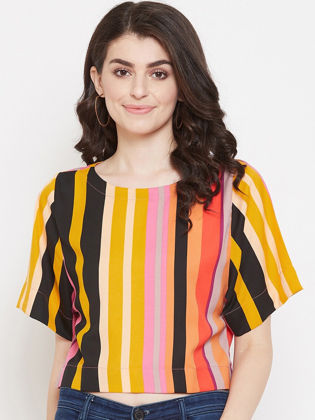 

Ruhaans Striped Flared Sleeve Crepe Styled Back Top, Yellow