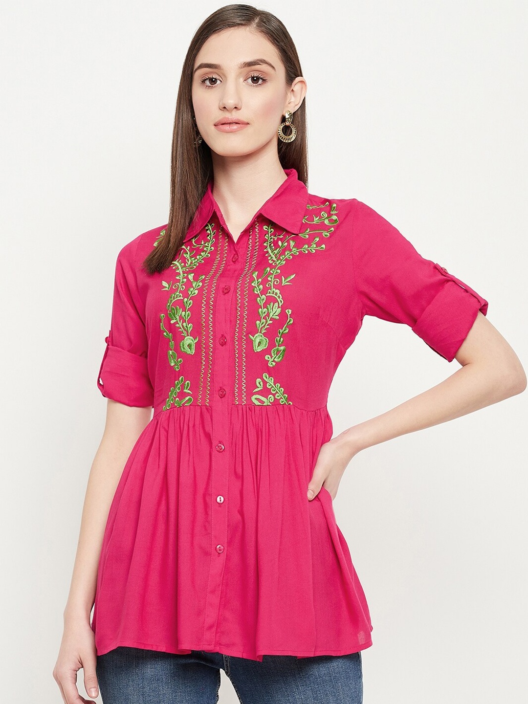

Ruhaans Floral Embroidered Shirt Style Top Longline Top, Fuchsia