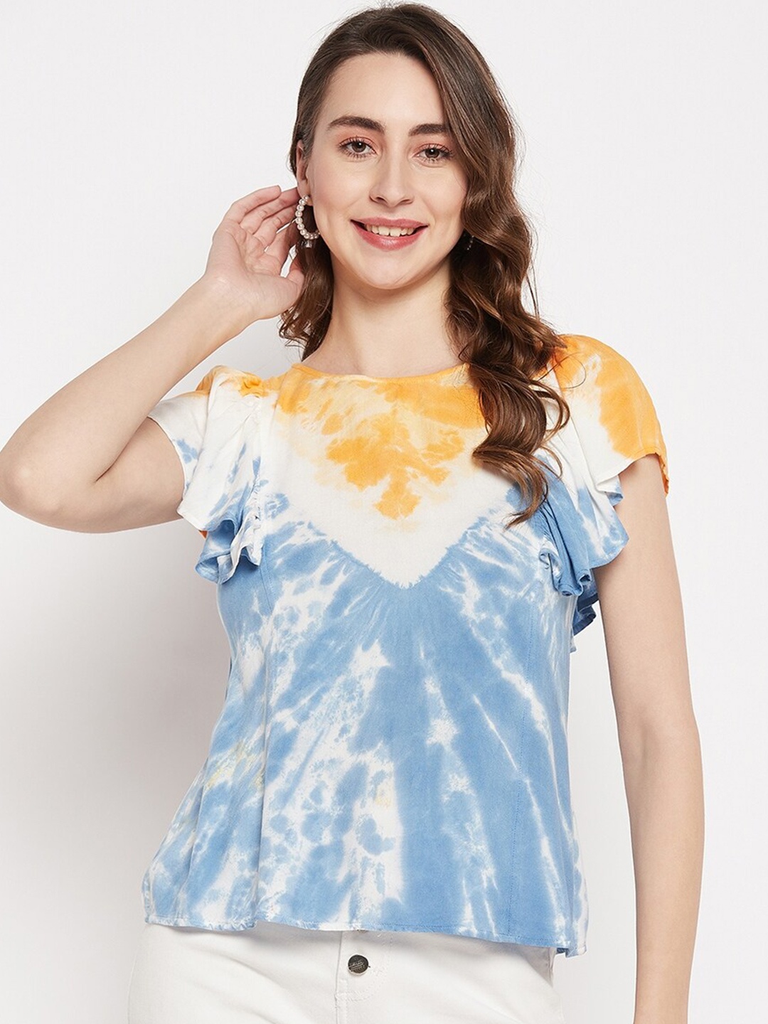 

Ruhaans Tie and Dye Flutter Sleeves Top, Blue