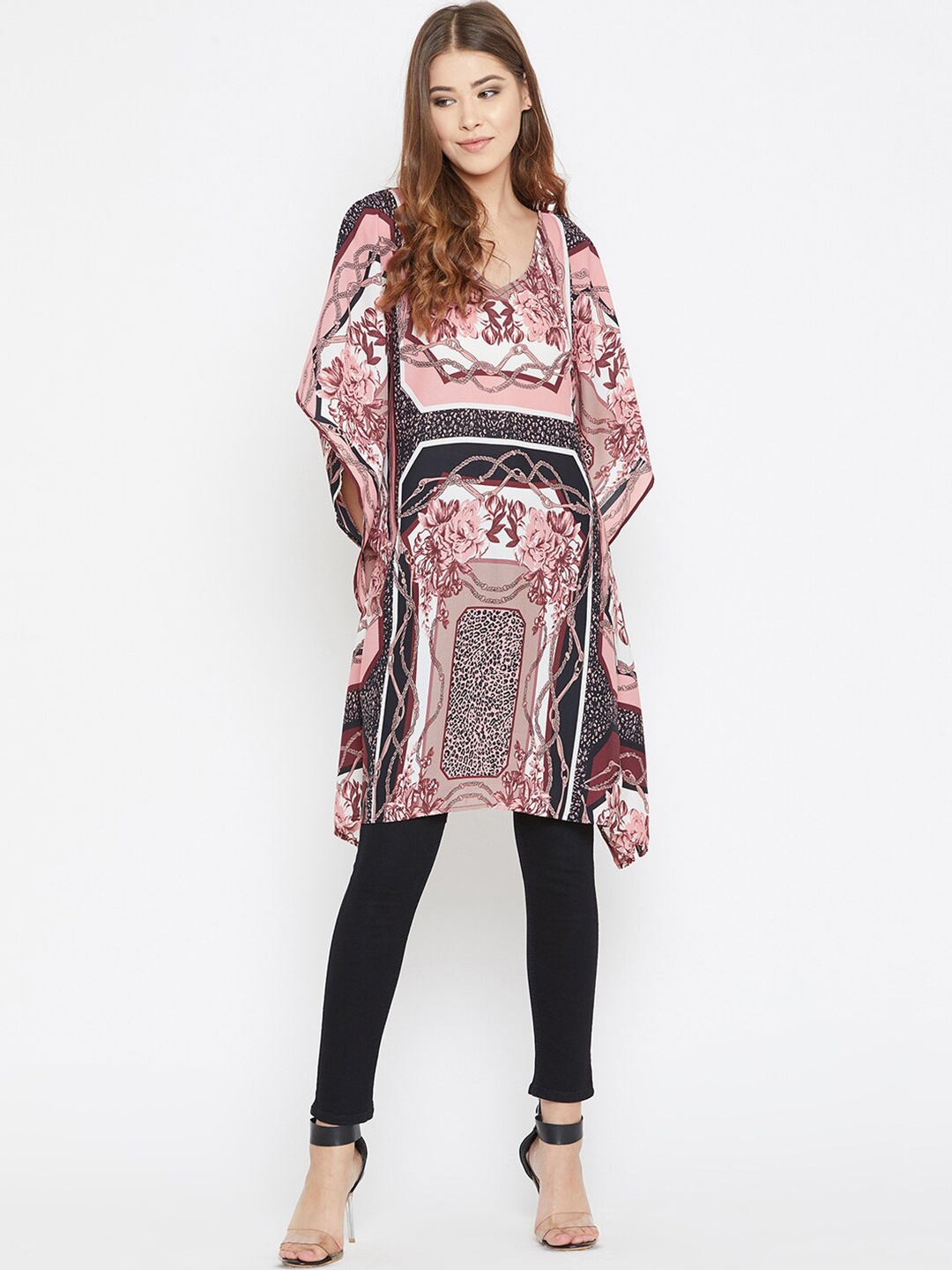 

Ruhaans Floral Print Kimono Sleeves Kaftan Longline Top, Pink