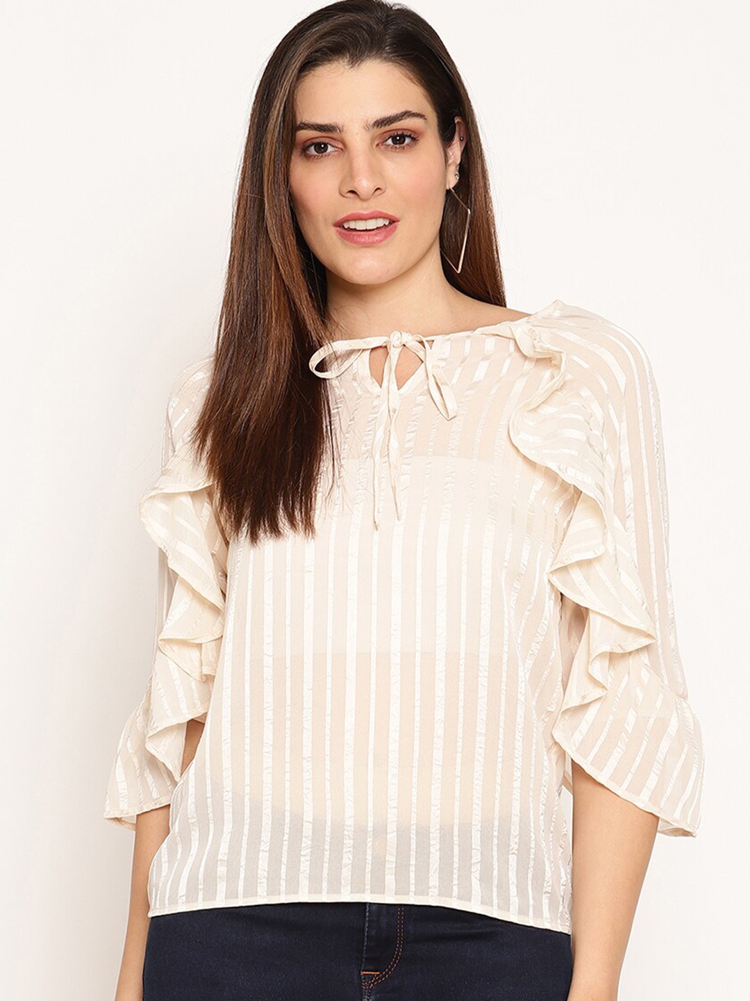 

Ruhaans Striped Tie-Up Neck Bell Sleeves Top, Cream