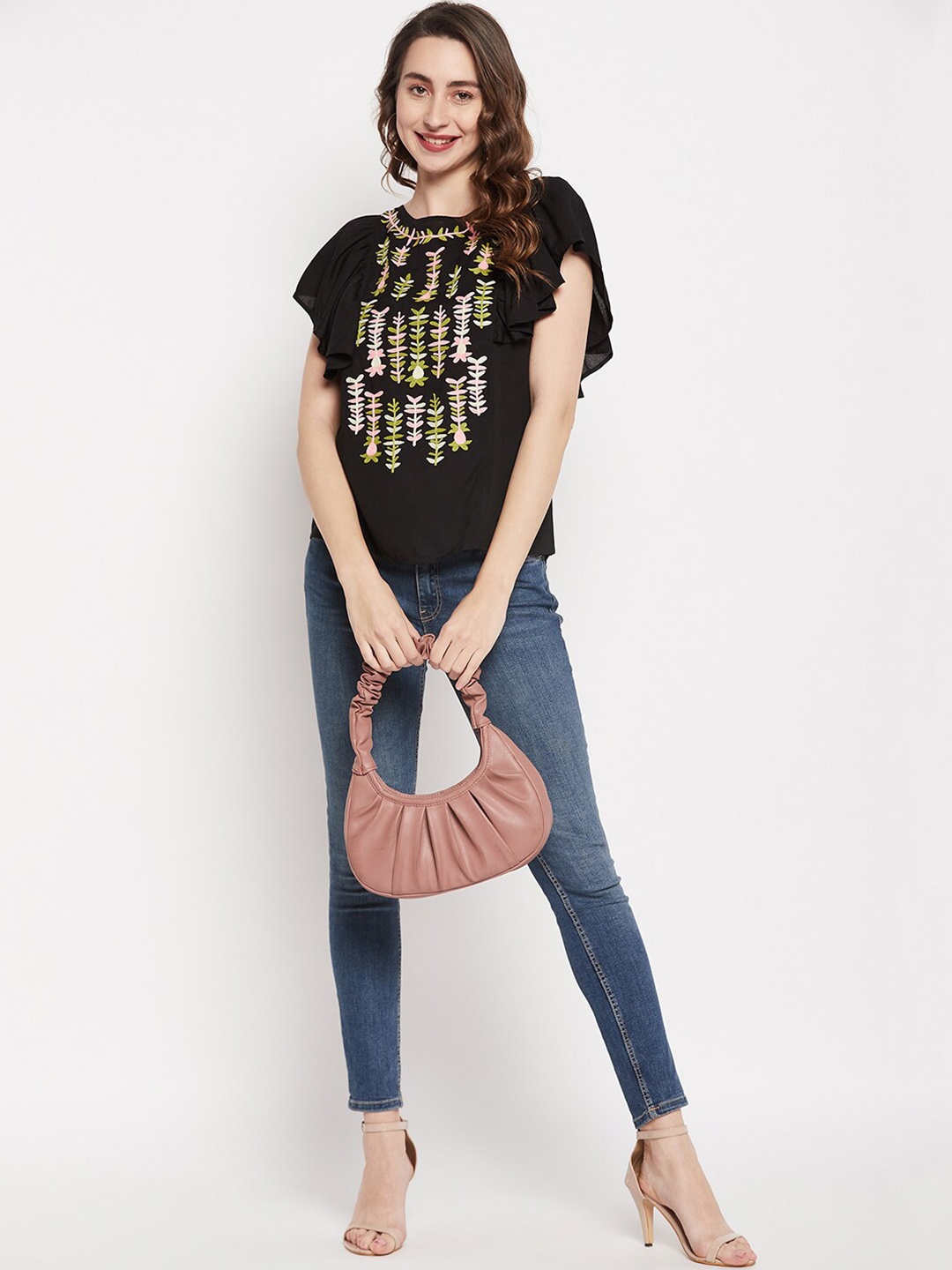 

Ruhaans Floral Embroidered Flared Sleeves Top, Black