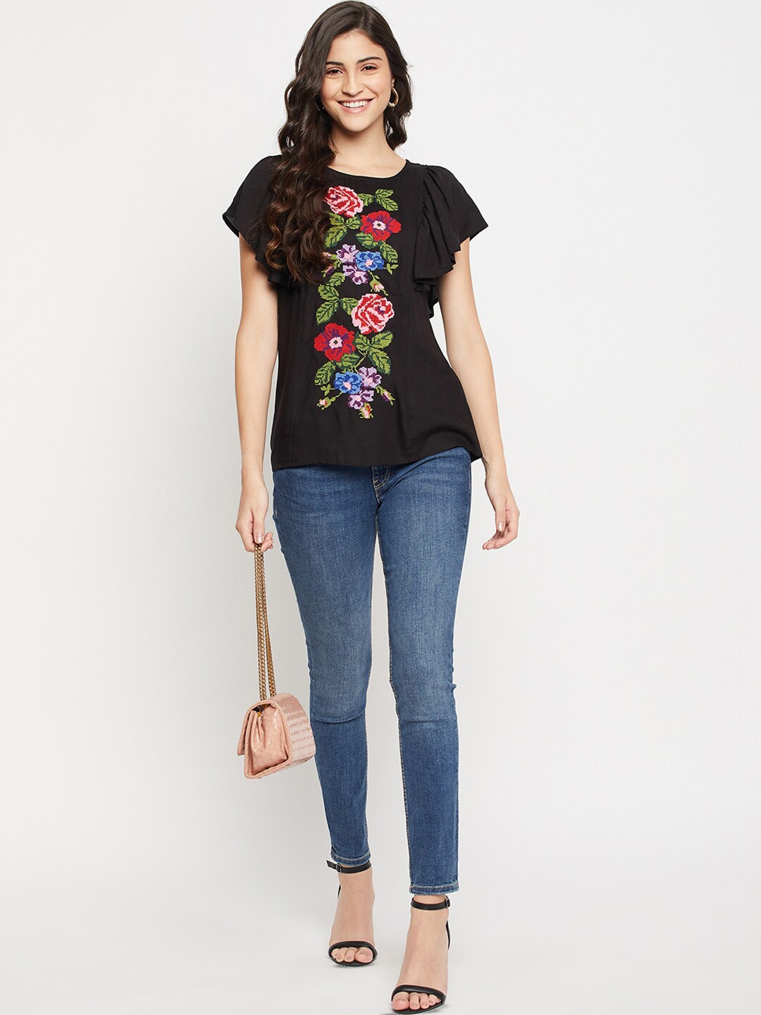 

Ruhaans Floral Embroidered Flutter Sleeves Top, Black