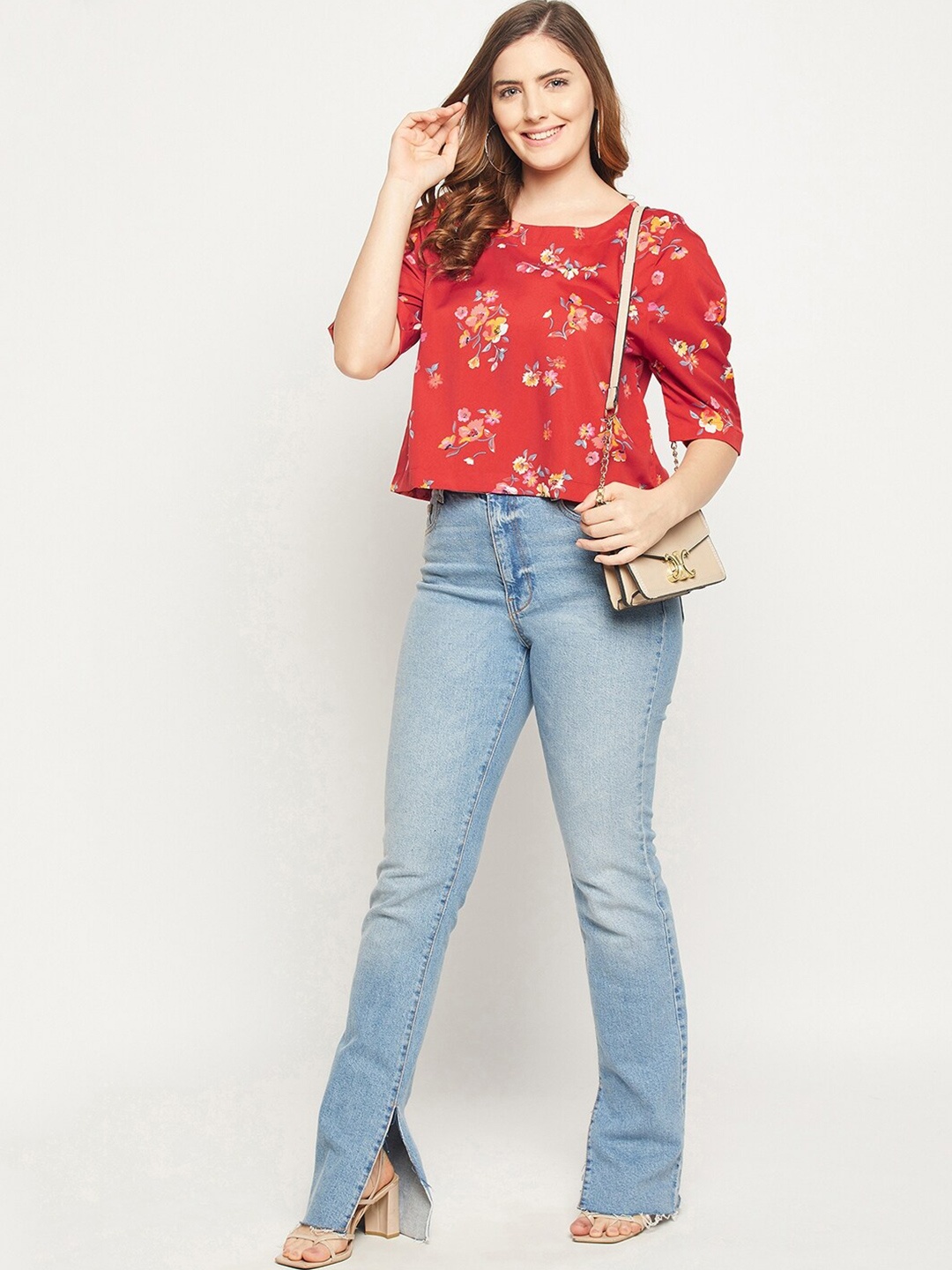 

Ruhaans Floral Printed Puff Sleeves Crop Top, Red